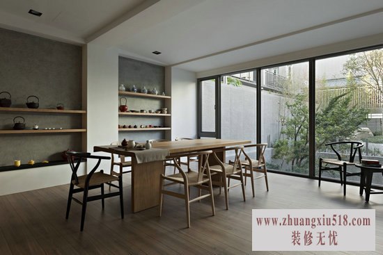 一楼的接待泡茶区,以原木及泥色交错搭配,吸引顾客仔细品味别墅的宁静清幽氛围。原木层板,加上底部进口仿清水模漆,衬托出清净原始的质感。