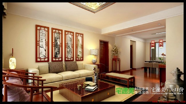 鸿瑞熙龙湾142平四室两厅新中式风格四室两厅新中式客厅装修效果图设计欣赏